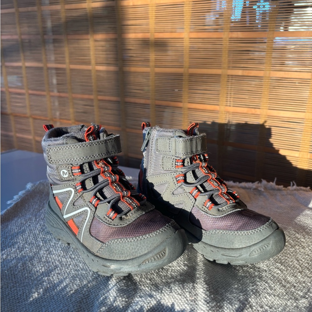 Kids Merrel Gray and Red Hiking Boots
